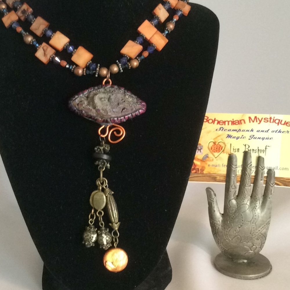 Druzy Quartz pendant on Mother of Pearl Necklace
